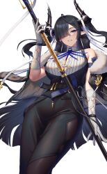 arknights black_gloves black_hair black_jacket blue_eyes breasts commentary fur-trimmed_jacket fur_trim gloves hair_over_one_eye highres holding holding_weapon jacket jacket_on_shoulders long_hair looking_at_viewer medium_breasts megalateo mole mole_on_breast pointy_ears qalaisa_(arknights) simple_background weapon white_background