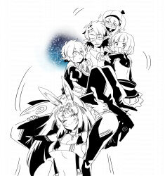 1boy 4girls ;) absurdres animal_ear_fluff animal_ears bare_shoulders blush breasts character_request cleavage closed_eyes closed_mouth dress etrian_odyssey fingerless_gloves frilled_dress frills glasses gloves hair_between_eyes hands_up hat highres knees_up long_hair medium_breasts multiple_girls navel nikki_kyousuke one_eye_closed open_mouth pants parted_lips pointy_ears rabbit_ears round_eyewear scar scar_on_face shirt sleeveless sleeveless_dress smile sparkle v-shaped_eyebrows watermark white_background