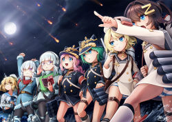 6+girls :d blonde_hair blue_eyes blush brown_hair full_moon green_eyes green_hair hair_ornament hat helmet long_sleeves machinery meteor mob_cap moon moonlight mtyy multiple_girls night night_sky open_mouth panties peaked_cap pink_hair pointing school_uniform serafuku silver_hair sky smile standing striped_clothes striped_panties thigh_strap underwear warship_girls_r weapon z16_friedrich_eckoldt_(warship_girls_r) z1_leberecht_maass_(warship_girls_r) z21_wilhelm_heidkamp_(warship_girls_r) z22_anton_schmitt_(warship_girls_r) z24_(warship_girls_r) z28_(warship_girls_r) z31_(warship_girls_r)