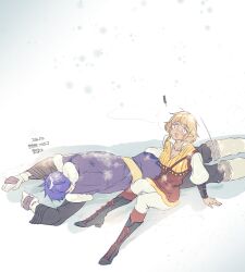 ! 1boy 1girl breasts cleavage dark-skinned_female dark_skin elf giant lying mabinogi muiriol on_stomach pointy_ears rian_(bdl) sitting snowing