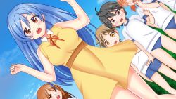 Rule 34 | ayako ryuugasaki, blue buruma, blue hair, blue shorts, breasts, brown eyes, buruma, censored, complets, dress, game cg, gym shirt, gym shorts, gym uniform, long hair, shin yagai gakushuu ~nudist camp hen~, shirt, shorts, shy, teacher, teacher and student, white shirt, yellow dress