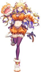 1girl ahoge animal_costume animal_ears animal_hands artist_request bell blonde_hair bow breasts cleavage colored_inner_hair crun_(unitia) fake_animal_ears full_body game_cg hair_bow highres jingle_bell multicolored_hair navel official_alternate_costume official_art pink_bow pink_eyes purple_hair solo source_request standing standing_on_one_leg tail tail_bow tail_ornament transparent_background unitia