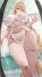 Rule 34 | 1girl, absurdres, azur lane, bathroom, between breasts, blonde hair, blush, bra, braid, braided ponytail, breasts, closed mouth, earrings, elf, gem, gold thighlet, gold trim, gouden leeuw (azur lane), green gemstone, hair between eyes, hair intakes, highres, huge breasts, indoors, jewelry, long hair, looking at viewer, mole, mole under eye, navel, no panties, pelvic curtain, pointy ears, pubic tattoo, purple eyes, revealing clothes, see-through clothes, see-through pelvic curtain, shower (place), solo, standing, stomach, suo bu ye feng, tattoo, thick thighs, thighlet, thighs, underwear, very long hair, water, wet, white bra, wide hips