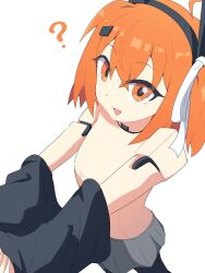 1girl ? a.i._voice adachi_rei android cowboy_shot grey_skirt highres joints looking_at_viewer medium_hair miniskirt molmax0710 orange_eyes orange_hair partially_undressed robot_joints skirt solo topless_female utau white_background