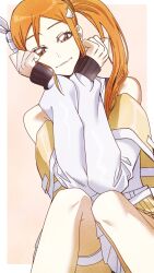 Rule 34 | 1girl, absurdres, bare shoulders, bleach, bleach: brave souls, blue eyes, border, breasts, cyberpunk, female focus, hair ornament, hairclip, hands on own head, highres, inoue orihime, jacket, large breasts, long hair, looking at viewer, n (nauki 11), official alternate costume, orange hair, side ponytail, simple background, smile, thigh strap, white border