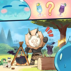 ? berry black_skin blush bottle chibi colored_skin cup drinking_glass garnish genshin_impact highres hilichurl_(genshin_impact) ice ice_cube lizard_tail mask milk_bottle official_art outdoors slime_(creature) slime_(genshin_impact) tail tribal