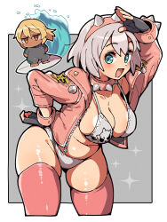 2girls ahoge bikini blonde_hair blue_eyes bob_cut breasts brown_eyes chibi chibi_inset collar curvy dark-skinned_female dark_skin elphelt_valentine gloves guilty_gear guilty_gear_strive hairband highres itsuka_neru large_breasts leaning_forward looking_at_viewer multiple_girls open_mouth pink_thighhighs plump ramlethal_valentine short_hair smile spiked_collar spiked_hairband spikes surfboard surfing swimsuit swimsuit_under_clothes thick_thighs thighhighs thighs water white_bikini white_hair