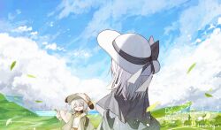2girls :d ^_^ blue_sky brown_hat brown_jacket brown_skirt capelet ciela_(yuuhagi_(amaretto-no-natsu)) closed_eyes cloud day dress english_text facing_away falling_leaves grey_capelet grey_hair hair_between_eyes hat jacket leaf long_hair multiple_girls open_clothes open_jacket open_mouth original outdoors pleated_skirt red_girl_(yuuhagi_(amaretto-no-natsu)) shirt skirt sky smile sun_hat water watermark white_dress white_hat white_shirt yuuhagi_(amaretto-no-natsu)