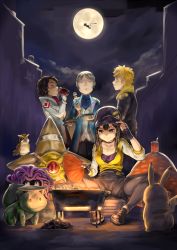 10s 1boy 3girls androgynous black_hair blanche_(pokemon) blonde_hair brown_hair bulbasaur candela_(pokemon) dango dark_skin ditto eating female_protagonist_(pokemon_go) fire food full_moon gen_1_pokemon grey_hair hand_fan highres legendary_pokemon long_hair mew_(pokemon) mimit moon multiple_girls mythical_pokemon nintendo parasect pidgey pikachu pokemon pokemon_(creature) pokemon_go pokemon_move ponytail short_hair silhouette spark_(pokemon) staryu tangela transformed_ditto tsukimi wagashi when_you_see_it