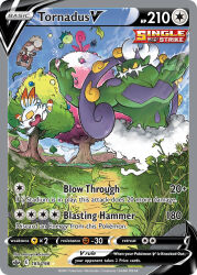 Rule 34 | artist name, berry (pokemon), blown away, blue sky, card (medium), character name, closed eyes, cloud, company name, copyright name, copyright notice, day, dyna tree hill, english text, floating, gen 2 pokemon, gen 3 pokemon, gen 5 pokemon, gen 7 pokemon, gen 8 pokemon, grass, horns, in-universe location, koizumi tetsuya, leaf, legendary pokemon, muscular, nintendo, official art, outdoors, pokemon, pokemon (creature), pokemon card, pokemon focus, pokemon swsh, pokemon tcg, qwilfish, rock, rockruff, scorbunny, shuppet, sky, spikes, third-party source, tornadus, tornadus (incarnate), trading card, tree, wind