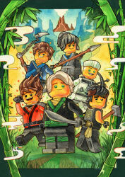 1girl 5boys bamboo bamboo_forest black_eyes black_hair black_kimono blonde_hair blue_eyes blue_kimono bodysuit bow_(weapon) brown_hair brown_headband cole_(ninjago) forest green_eyes headband holding holding_bow_(weapon) holding_hoe holding_polearm holding_sword holding_weapon japanese_clothes jay_(ninjago) kai_(ninjago) kimono kimu_astro7 lego_minifig lloyd_garmadon looking_at_viewer multiple_boys nature ninjago nya_(ninjago) parted_lips polearm ponytail red_kimono short_hair smile smoke spear sword the_lego_group weapon white_bodysuit white_hair zane_(ninjago)