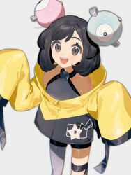 Rule 34 | 1girl, :d, absurdres, bare shoulders, black eyes, black hair, character hair ornament, cosplay, fua1heyvot4ifsr, grey pantyhose, hair ornament, highres, iono (pokemon), iono (pokemon) (cosplay), jacket, long hair, looking at viewer, nintendo, open mouth, pantyhose, pokemon, pokemon sm, pokemon sv, selene (pokemon), short hair, single leg pantyhose, sleeves past fingers, sleeves past wrists, smile, solo, teeth, thigh strap, upper teeth only, white background, wide sleeves, yellow jacket