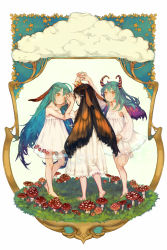 3girls antennae aqua_hair arm_at_side arm_up arthropod_girl back barefoot black_hair blue_hair border brightwing brown_hair closed_eyes closed_mouth cloud colored_eyelashes crown detached_sleeves dress flat_chest floral_print full_body grass hair_between_eyes hair_wings hand_up head_tilt heroes_of_the_storm highres holding_hands horns insect_girl interlocked_fingers long_hair long_sleeves looking_at_another monster_girl moth_girl multicolored_hair multiple_girls mushroom nail_polish orange_eyes orange_hair orange_nails poison_mushroom puffy_sleeves see-through_clothes short_dress short_sleeves sleeveless sleeveless_dress smile soles sparkle standing standing_on_one_leg star_(symbol) striped sundress two-tone_hair very_long_hair wakatsuki_(etoiles) white_background white_dress wings