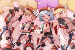 4boys beret black_gloves blonde_hair blue_hair brown_eyes brown_hair cheek_pinching earrings ensemble_stars! falling_petals gloves hair_between_eyes hand_on_own_head hat highres jewelry looking_at_another looking_at_viewer lying male_focus mashiro_tomoya multiple_boys nito_nazuna official_alternate_costume on_back one_eye_closed open_mouth outstretched_arm petals pinching pink_petals purple_eyes rabbits_(ensemble_stars!) red_eyes red_hat shino_hajime shisokonbu smile tenma_mitsuru wide_sleeves
