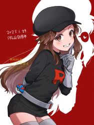 1girl anniversary arm_behind_back black_dress black_hat dated dress gloves great_ball hat heart highres index_finger_raised leaf_(pokemon) long_hair long_sleeves nintendo nisanrei121 poke_ball pokemon pokemon_frlg red_background short_dress smile solo spoken_heart team_rocket team_rocket_uniform waist_poke_ball white_gloves