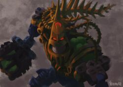 absurdres artist_name bionicle clenched_teeth commentary english_commentary glowing glowing_eyes highres humanoid_robot irnakk_(bionicle) leaning_forward looking_at_viewer making-of_available neoruke red_eyes robot spikes teeth the_lego_group