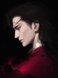 Rule 34 | 1boy, asian, black background, black hair, chinese clothes, chinese commentary, closed mouth, commentary request, eyelashes, eyepatch, from behind, grey eyes, hanfu, highres, hua cheng, lips, long hair, male focus, nostrils, pink lips, pointy nose, realistic, red hanfu, simple background, solo, tianguan cifu, upper body, ye dian pikaqiu