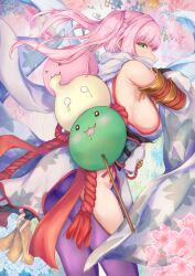 1girl :3 absurdres ass between_fingers black_gloves blue_flower breasts cherry_blossoms commentary_request cowboy_shot detached_sleeves fingerless_gloves flower food from_behind gloves green_eyes highres hip_vent holding large_breasts long_hair looking_at_viewer looking_back mochi nekogenetic ninja obi ofuda ofuda_between_fingers pantyhose pink_hair poporing poring purple_pantyhose ragnarok_online sash scarf shiranui_(ragnarok_online) sideboob sleeveless_tunic slime_(creature) solo tunic twintails white_scarf white_sleeves white_tunic