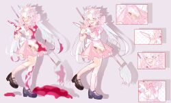 1girl absurdres apron black_shoes blood blood_in_hair blood_on_clothes blood_on_face blood_on_hands blood_on_leg blue_eyes chinese_commentary collared_shirt commentary_request fang full_body genderswap genderswap_(mtf) hair_ribbon highres holding holding_knife holding_mop kanou_aogu knife long_hair mary_janes miniskirt mop multiple_views neck_ribbon open_mouth pink_ribbon pink_skirt pleated_skirt puffy_short_sleeves puffy_sleeves ribbon saibou_shinkyoku semi-rimless_eyewear shirt shoes short_sleeves skin_fang skirt smile socks twintails waist_apron white_apron white_hair white_shirt white_socks wrist_cuffs yejia