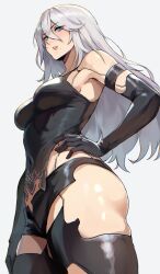 1girl a2_(nier:automata) ass bare_shoulders black_gloves black_shirt black_shorts blue_eyes breasts elbow_gloves gloves grey_hair highres lainart long_hair medium_breasts nier:automata nier_(series) robot_girl shirt short_shorts shorts simple_background solo white_background