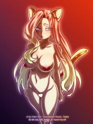 1girl absurdres animal_ear_fluff animal_ears animification artist_name blonde_hair blue_eyes bluesky_username blush breasts cat_ears cat_girl cat_tail censored cleavage closed_mouth collarbone commentary completely_nude cowboy_shot eclair_seaetto english_commentary forehead glowing gradient_background gradient_hair heart heart_censor highres holding_own_leg kemonomimi_mode large_breasts long_hair looking_to_the_side multicolored_hair navel nipples nude pink_hair pixiv_username pout purple_background red_background signature solo standing stomach tail tate_no_yuusha_no_nariagari temerohimitaki twitter_username