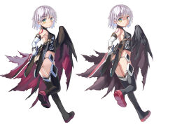 1girl absurdres ass bandaged_arm bandages bare_shoulders black_panties blush boots breasts commentary_request dagger expressionless fate/apocrypha fate/grand_order fate_(series) full_body green_eyes highres jack_the_ripper_(fate/apocrypha) knife looking_at_viewer lowleg lowleg_panties multiple_views panties short_hair simple_background small_breasts thigh_boots underwear weapon white_background zhongye_yu