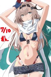 1girl alternate_costume armpits arms_up artist_name asymmetrical_gloves bikini black_hairband black_shorts breasts commentary_request cowboy_shot dated denim denim_shorts front-tie_bikini_top front-tie_top gloves grey_eyes grey_hair hairband headgear highleg highleg_bikini highres kantai_collection long_hair mismatched_gloves multicolored_bikini one-hour_drawing_challenge ren_(pawer1945) scarf short_shorts shorts small_breasts solo swimsuit wahoo_(kancolle) white_scarf