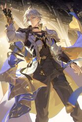 1boy antenna_hair armor black_choker black_gloves black_pants black_shirt blue_cape blue_eyes cape choker coat commentary dripping english_commentary fingerless_gloves floating_cape gloves hand_up highres honkai:_star_rail honkai_(series) libero_art looking_to_the_side male_focus pants parted_bangs pauldrons phainon_(honkai:_star_rail) shirt short_hair shoulder_armor single_glove single_pauldron solo thigh_strap white_coat white_hair yellow_blood