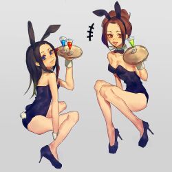anago_(tokyo_retro_gokko) animal_ears ass black_hair black_leotard black_shoes blue_eyes blush bow bowtie breasts brown_eyes brown_hair cleavage cup detached_collar drinking_glass fake_animal_ears fake_tail hayakawa-dono high_heels kaihime legs leotard long_hair parted_bangs playboy_bunny ponytail rabbit_ears rabbit_tail sengoku_musou shoes smile tail thighs wrist_cuffs