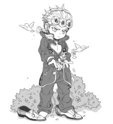 1boy age_regression aged_down apple972 bird braid giorno_giovanna greyscale inzup jojo_no_kimyou_na_bouken male_focus monochrome oversized_clothes petals solo vento_aureo