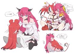2girls animal_ears bare_shoulders black_hair black_thighhighs blue_eyes blush bow closed_eyes commentary_request ear_blush earrings energy_wings fang garter_straps grabbing_another&#039;s_breast grabbing_from_behind groping hakos_baelz hakos_baelz_(1st_costume) halo heterochromia highres hololive hololive_english horns hug irys_(hololive) irys_(irys_2.0)_(hololive) jewelry long_hair mouse_ears mouse_girl mouse_tail multicolored_hair multiple_girls off-shoulder_shirt off_shoulder open_mouth pink_eyes pink_hair pointy_ears ramphastostella red_hair shirt shorts simple_background smile speech_bubble spread_legs straddling streaked_hair sweat tail tail_bow tail_ornament thighhighs thought_bubble translation_request virtual_youtuber white_background white_hair white_shirt white_shorts yuri