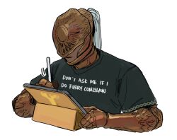 1boy armor black_shirt chocytd cropped_torso dark_skin drawing_(action) elden_ring elden_ring_nightreign english_text executor_(elden_ring) gauntlets helmet holding holding_stylus holding_tablet_pc ipad shirt solo stylus t-shirt tablet_pc topknot white_background
