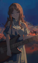 Rule 34 | 1girl, absurdres, airool, bang dream!, bang dream! it&#039;s mygo!!!!!, bass guitar, belt, blue belt, blue dress, blue eyes, blue sky, brown hair, chinese commentary, clothing cutout, collared dress, commentary request, cowboy shot, dress, dusk, earrings, flock, frilled sleeves, frills, grey dress, half-closed eyes, half-dress, highres, holding, holding bass guitar, holding instrument, instrument, jewelry, long hair, long sidelocks, looking at viewer, multicolored sky, nagasaki soyo, necklace, off-shoulder dress, off shoulder, orange sky, outdoors, parted bangs, parted lips, partial commentary, pearl necklace, short sleeves, shoulder cutout, sidelighting, sidelocks, sky, solo, standing
