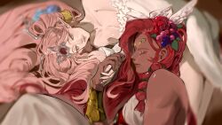 2girls chiizzx closed_eyes cookie_run dark-skinned_female dark_skin demon_girl eternal_sugar_cookie highres holding_hands hollyberry_cookie long_hair looking_at_another lying multiple_girls official_alternate_costume pink_hair pointy_ears red_hair slit_pupils very_long_hair yuri