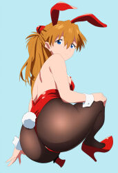 1girl :/ animal_ears aqua_background ass ass_focus bare_shoulders breasts brown_hair cleavage curvy detached_collar fake_animal_ears fake_tail full_body hair_between_eyes hair_ornament highleg highleg_leotard highres huge_ass jaaaan kneeling leotard long_hair looking_at_viewer looking_back neon_genesis_evangelion pantyhose playboy_bunny rabbit_ears red_leotard shiny_clothes shiny_skin simple_background skin_tight skindentation smile solo souryuu_asuka_langley tail thong_leotard two_side_up very_long_hair wide_hips