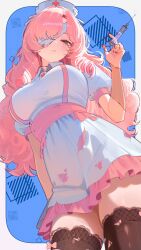 1girl absurdres bandaged_head bandages black_eyes black_thighhighs border breasts character_name closed_mouth collared_dress commentary commission cowboy_shot cross dress drill_hair eyepatch fingernails from_below hat highres holding holding_syringe indie_virtual_youtuber kagome_(vtuber) lace lace-trimmed_thighhighs lace_trim large_breasts long_hair looking_at_viewer looking_down mole mole_on_cheek ms._tsu nail_polish nurse nurse_cap one_eye_covered outside_border pink_hair puffy_short_sleeves puffy_sleeves red_cross red_nails second-party_source short_sleeves solo standing stitched_arm stitched_neck stitches symbol-only_commentary syringe thighhighs torn_clothes torn_dress torn_thighhighs twin_drills very_long_hair virtual_youtuber white_border white_dress white_hat zombie