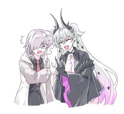 Rule 34 | 2girls, black dress, black hands, black jacket, breasts, cleavage, closed mouth, colored extremities, commentary, ddwiyong, dress, fangs, fate/grand order, fate (series), glasses, hand up, hood, hoodie, horns, jacket, lilith (fate), long hair, mash kyrielight, middle finger, multiple girls, necktie, open mouth, purple eyes, purple hair, red necktie, short hair, symbol-only commentary, thumbs up, white background, white hair, white hoodie