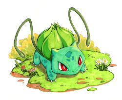Rule 34 | bright pupils, bulbasaur, claws, commentary request, fish.boy, flower, full body, gen 1 pokemon, grass, highres, nintendo, no humans, plant, pokemon, pokemon (creature), pokemon focus, red eyes, solo, standing, vines, white flower, white pupils