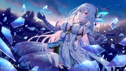 1girl bare_shoulders between_breasts breasts cloud comet commentary_request crossed_bangs crystal_shards diamond-shaped_pupils diamond_(shape) dress dusk dutch_angle genshin_impact glass_shards hair_between_eyes hair_ornament halter_dress halterneck hands_up highres ice ice_shard large_breasts light_particles long_hair looking_at_viewer natsume_koji night night_sky object_floating_above_hand on_ground outdoors parted_lips prosthesis prosthetic_arm prosthetic_leg red_eyes short_dress sideboob sidelocks sitting skirk_(genshin_impact) sky solo star_(sky) starry_sky symbol-shaped_pupils thighs very_long_hair wariza white_hair