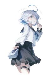 Rule 34 | 1girl, ahoge, arm at side, bag, black sailor collar, black skirt, blue hair, blue neckerchief, blush, cropped legs, from behind, furina (genshin impact), genshin impact, gift bag, grey eyes, hair intakes, hair over one eye, haru same322, high-waist skirt, highres, holding, holding bag, legs together, long sleeves, multicolored hair, neckerchief, parted lips, pleated skirt, sailor collar, school uniform, serafuku, shirt, shirt overhang, short hair, simple background, skirt, sleeve cuffs, solo, streaked hair, teeth, thigh strap, thighs, white background, white hair, white shirt