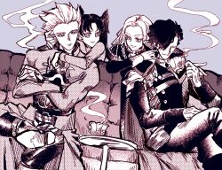 2girls alternate_universe archer_(fate) artist_request bad_id bad_pixiv_id boots bow closed_eyes closed_mouth coat collared_coat couch couple crossed_arms crossed_legs crossover cup edelgard_von_hresvelg fate/stay_night fate_(series) fire_emblem fire_emblem:_three_houses friends gloves hair_bow hair_over_one_eye hair_ribbon hair_slicked_back hand_on_another&#039;s_head head_tilt high_collar holding holding_cup hubert_von_vestra hug hug_from_behind juliet_sleeves leaning_back leaning_forward leaning_on_object light_smile long_hair long_sleeves looking_at_another looking_to_the_side master_and_servant monochrome multiple_girls muscular muscular_male nintendo on_couch parted_bangs puffy_sleeves purple_background ribbon short_hair simple_background sitting smoke smoke_trail teacup tohsaka_rin twintails