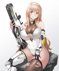 1girl asymmetrical_legwear bare_shoulders black_thighhighs blonde_hair breasts brown_hair copyright_request covered_navel glasses gun hair_ribbon highres holding holding_gun holding_weapon large_breasts leotard long_hair mechanical_arms mechanical_legs mixed-language_commentary ribbon round_eyewear single_mechanical_arm single_mechanical_leg sitting smile solo thighhighs torn_clothes torn_thighhighs very_long_hair weapon white_leotard white_ribbon wookyung