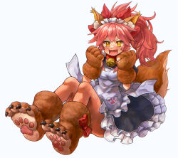 1girl alternate_costume animal_ear_fluff animal_ears animal_hands apron bell blush breasts cat_paws collar enmaided fangs fate/grand_order fate_(series) fox_ears fox_girl fox_tail full_body gloves highres jingle_bell kusama_takato large_breasts long_hair looking_at_viewer maid maid_apron maid_headdress neck_bell open_mouth paw_gloves paw_shoes pink_hair ponytail red_ribbon ribbon simple_background solo tail tamamo_(fate) tamamo_cat_(fate) tamamo_cat_(second_ascension)_(fate) white_background yellow_eyes