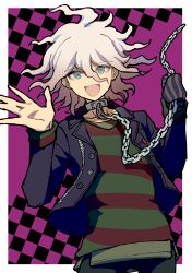 1boy black_jacket chain collar collarbone danganronpa_(series) danganronpa_another_episode:_ultra_despair_girls gloves grey_hair hair_between_eyes highres holding holding_chain jacket komaeda_nagito long_sleeves looking_at_viewer male_focus medium_hair messy_hair metal_collar mittens open_clothes open_jacket open_mouth pants servant_(danganronpa) shirt single_mitten smile solo striped_clothes striped_gloves striped_shirt teeth youko-shima