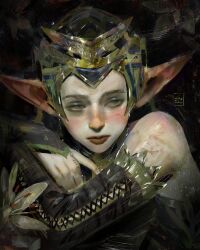 Rule 34 | 1girl, artist name, bare shoulders, blush, commentary, detached sleeves, elf, english commentary, flower, helmet, highres, jewelry, long pointy ears, looking to the side, original, painterly, pointy ears, sebijy, solo