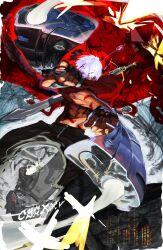 1boy abs black_gloves black_pants blood blood_on_arm blood_on_body coat dante_(devil_may_cry) devil_may_cry devil_may_cry_(series) devil_may_cry_3 dual_wielding ebony_&amp;_ivory english_text fingerless_gloves firing firing_at_viewer foreshortening full_body gloves gun hair_over_one_eye handgun highres holding holding_gun holding_weapon jewelry kainonaut long_sleeves looking_at_viewer male_focus necklace outstretched_crossed_arms pants perspective rebellion_(sword) red_coat reflection reflective_surface short_hair solo sword sword_on_back weapon weapon_on_back white_eyes white_hair