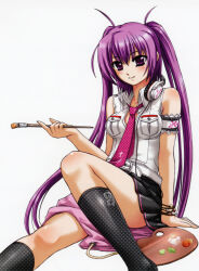 Rule 34 | 1girl, absurdres, bare shoulders, beatmania iidx, bemani, black skirt, goli matsumoto, hair between eyes, headphones, highres, holding, holding pen, mizushiro celica, necktie, official art, paint palette, pen, pink eyes, pink hair, skirt, smile, solo, twintails