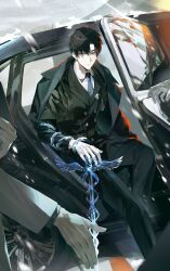 1boy absurdres ameinu black_hair black_pants black_suit black_vest blue_necktie car coat coat_on_shoulders collared_shirt formal_clothes gloves highres long_sleeves looking_at_viewer love_and_deepspace male_focus motor_vehicle necktie pants shirt sitting snow snowing solo_focus suit vest white_gloves yellow_eyes