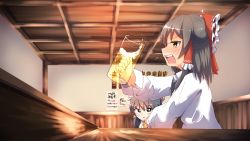2girls alcohol bar_(place) beer beer_mug black_hair blush bow bright_pupils collared_shirt commentary_request cookie_(touhou) cup drunk foam_mustache frilled_bow frilled_hair_tubes frills foam_mustache green_eyes hair_bow hair_tubes hakurei_reimu half_updo highres indoors kurotsuki_hiiragi looking_at_another mug multiple_girls open_mouth profile red_bow sananana_(cookie) shinonome_(cookie) shirt short_hair touhou upper_body v-shaped_eyebrows white_pupils white_shirt yellow_eyes
