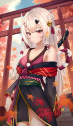 1girl absurdres arm_behind_back autumn_leaves bare_shoulders breasts cleavage detached_sleeves highres hololive horns leaf long_hair long_sleeves looking_at_viewer medium_breasts nakiri_ayame off_shoulder outdoors raurashun skin-covered_horns smile solo virtual_youtuber white_hair